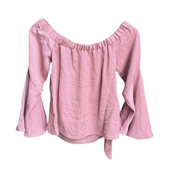 ASOS Off Shoulder Drape Faux Wrap Bell Sleeve Top Dusty Pink Size 0 - Picture 9 of 9